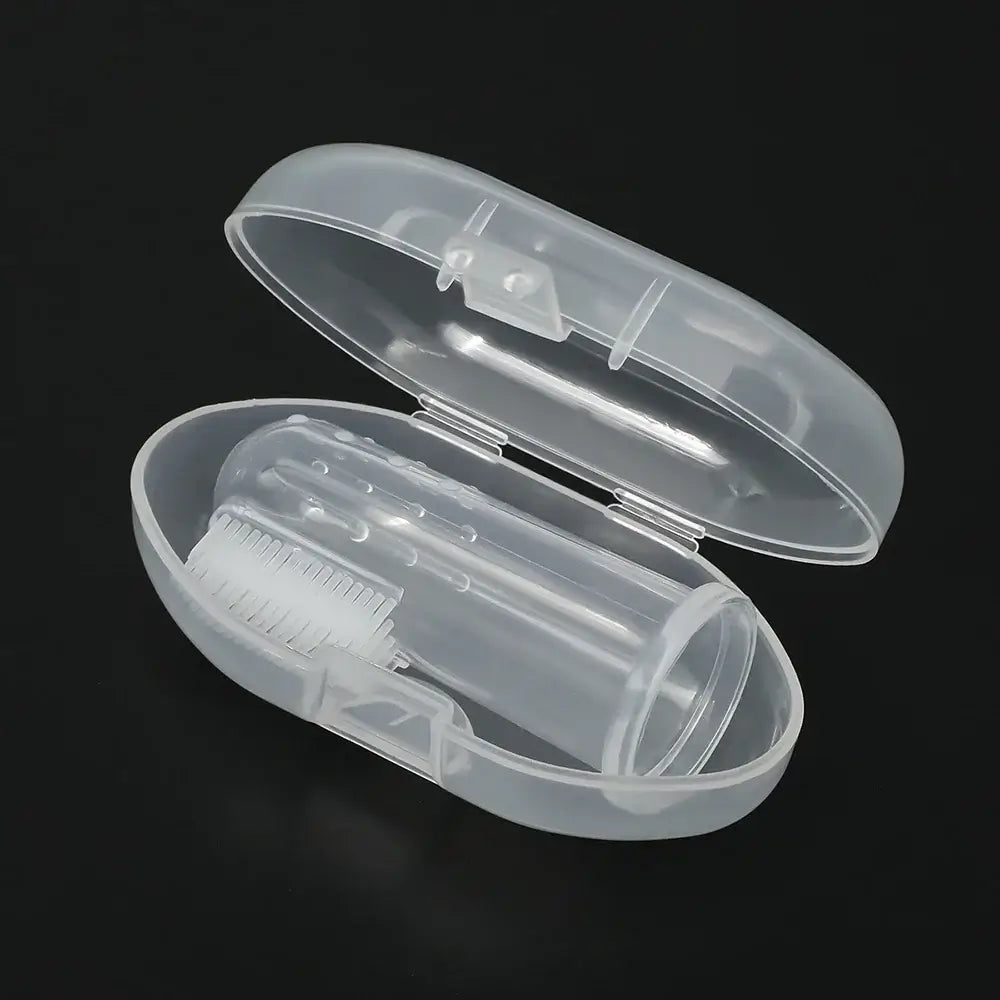 Transparent toothbrush case with a cleaning brush inside, ideal for travel and hygiene.