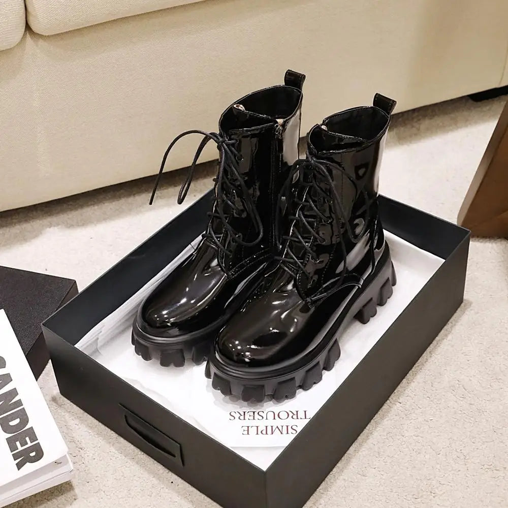 Women Patent Leather Platform Ankle Boots – High Heel Autumn Winter
