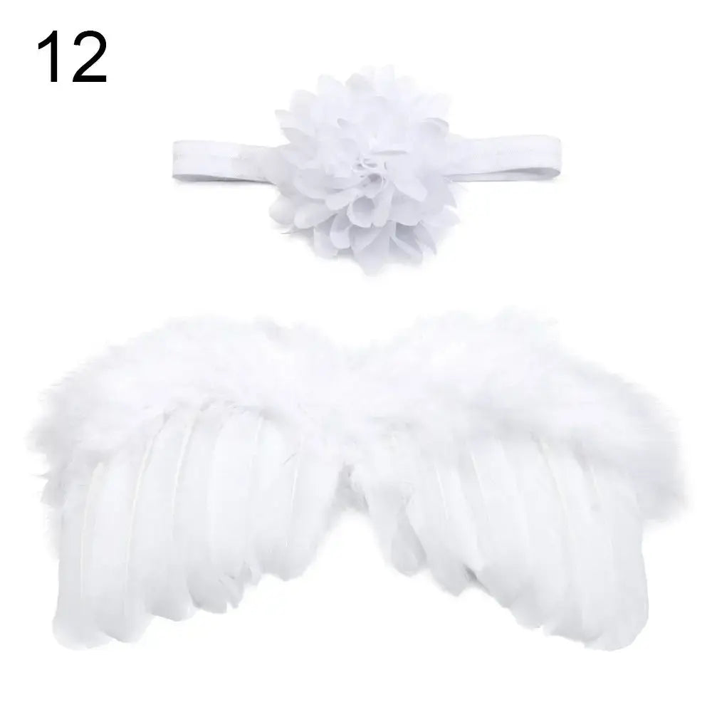 Cute newborn angel feather wings with a rose flower headband. Perfect photo prop for baby girls. Unisex design.