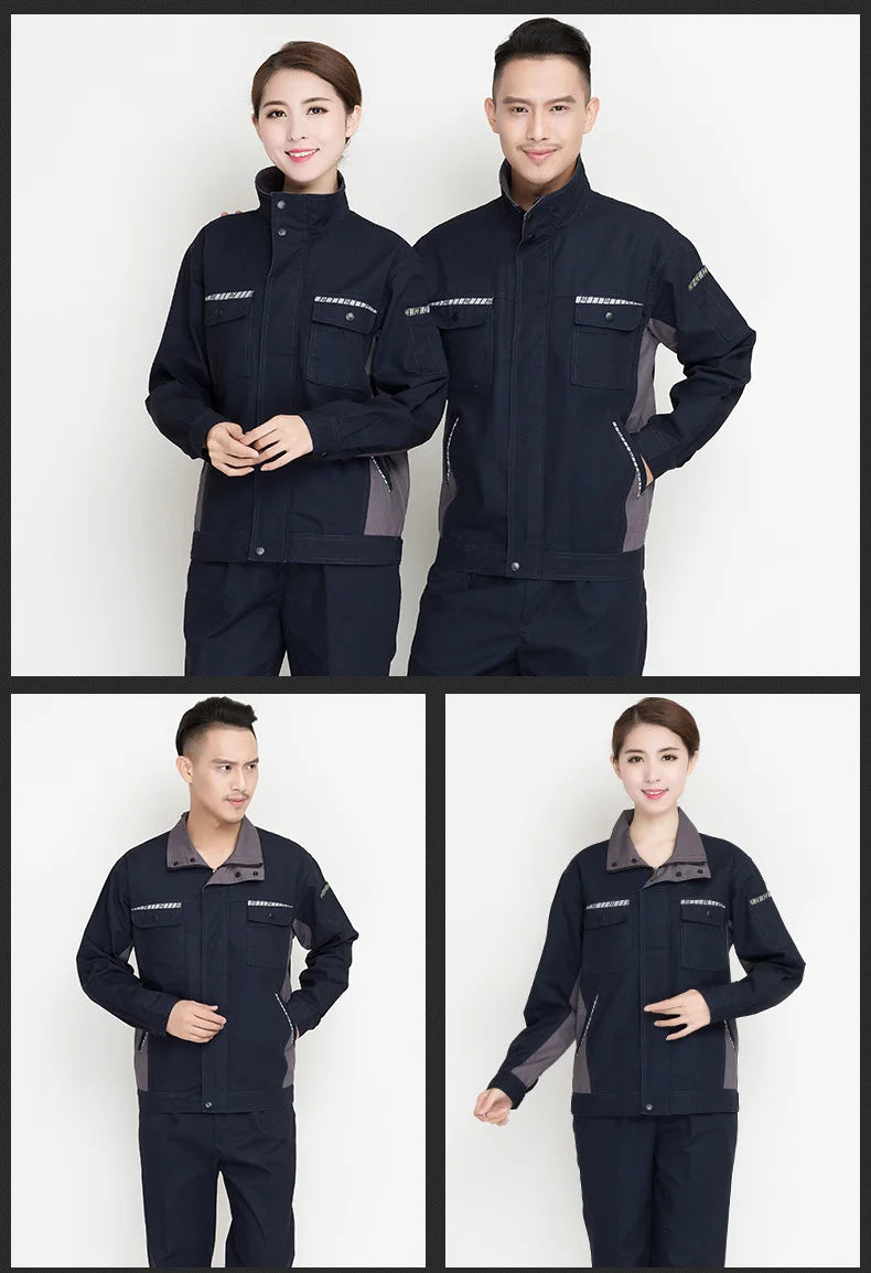 Men and women wearing durable work clothing set, featuring windproof design and utility for workshop use.
