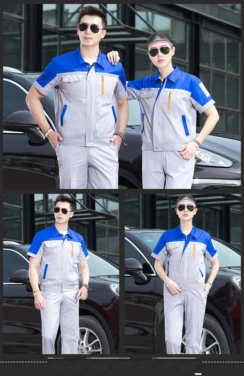 Pair of models in summer working uniforms, showcasing short-sleeve breathable coveralls in grey and blue.