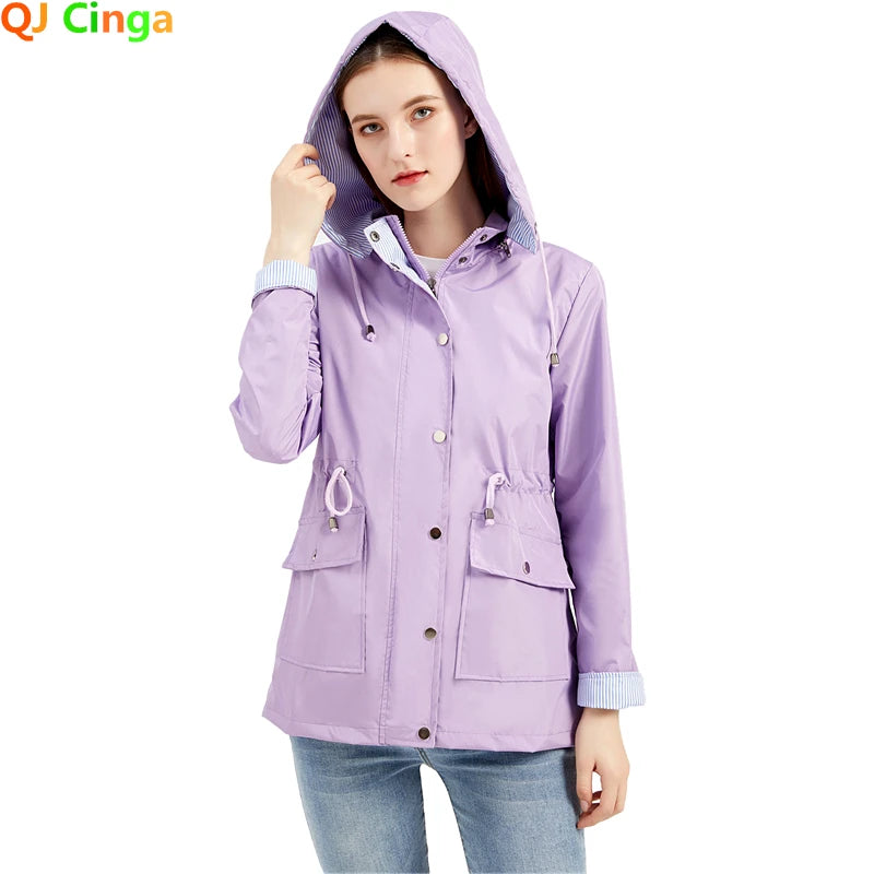 Purple Hooded Waterproof Women's Jacket – Spring Office Outerwear