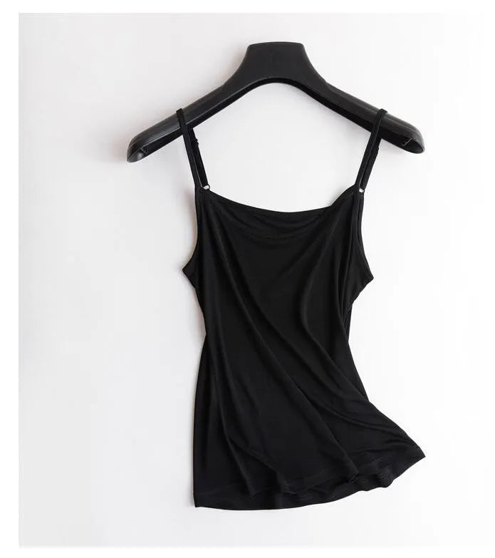 Lightweight black U-neck silk cami top with solid straps on a hanger, ideal summer wear for women.