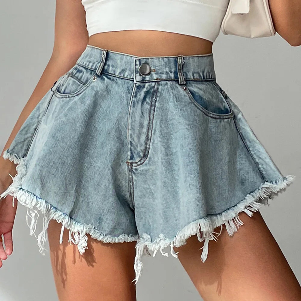 Women High Waist Loose Tassel Denim Shorts