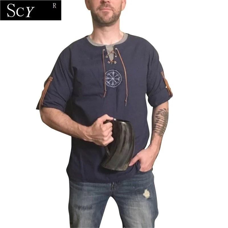 Men's Plus Size Viking Embroidered Shirt – Lace-Up