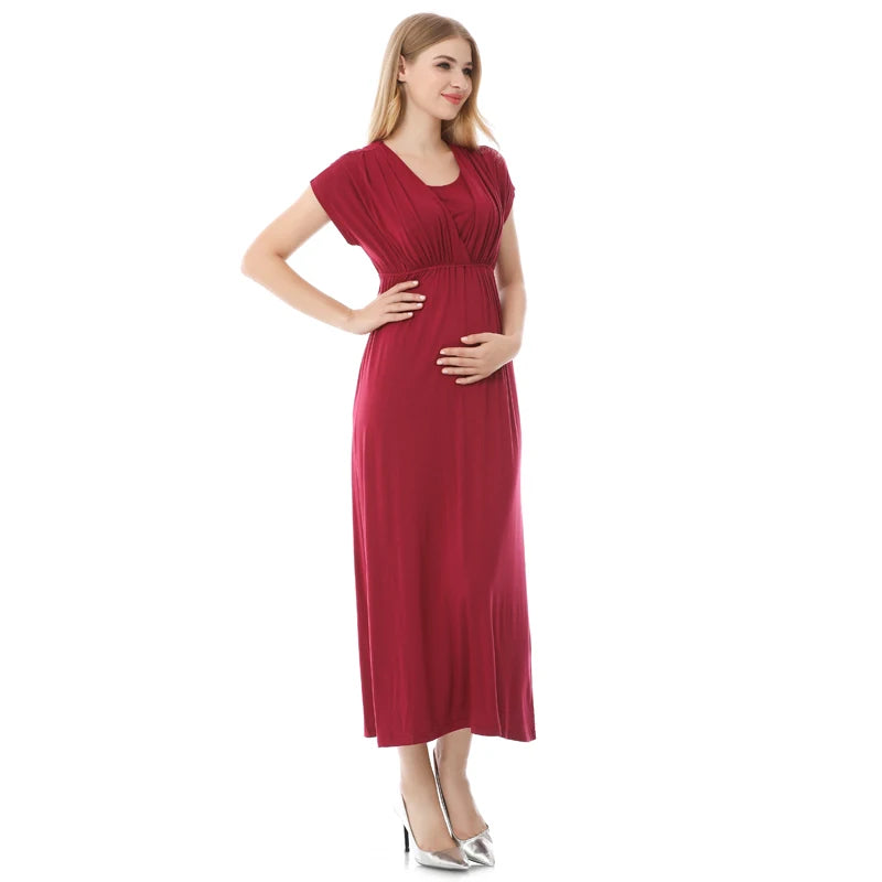 Elegant soft fabric nursing maternity dress in burgundy, perfect for postpartum and breastfeeding women.