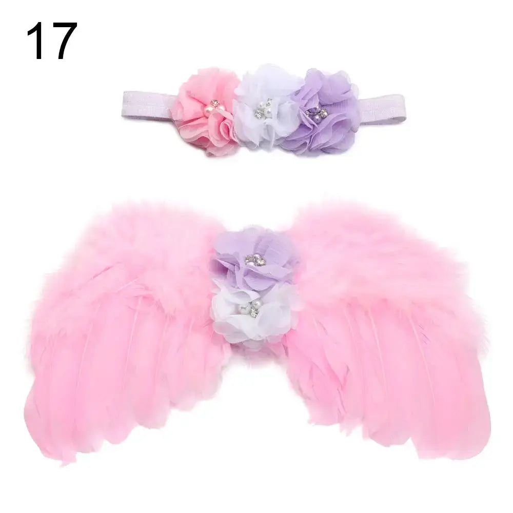 Cute pink angel wings and matching flower headband for baby girls, perfect for photoshoots and special occasions.