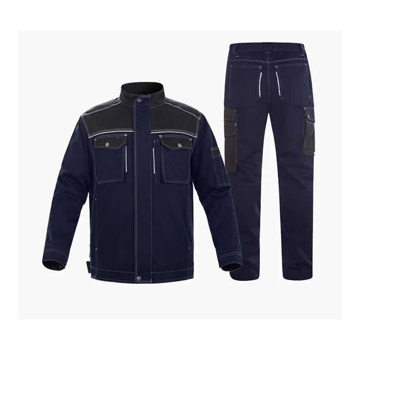 Reflective welding suit set with jacket and pants, durable and windproof work uniform for safety and utility.