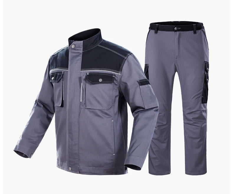 Reflective welding suit set with gray jacket and pants, designed for durability and safety in work environments.