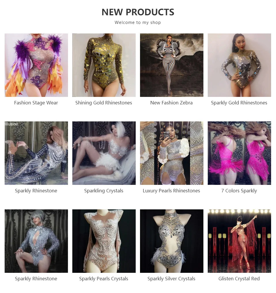 Collection of glamorous stage outfits featuring sparkly rhinestones and crystals for dancers and performers.