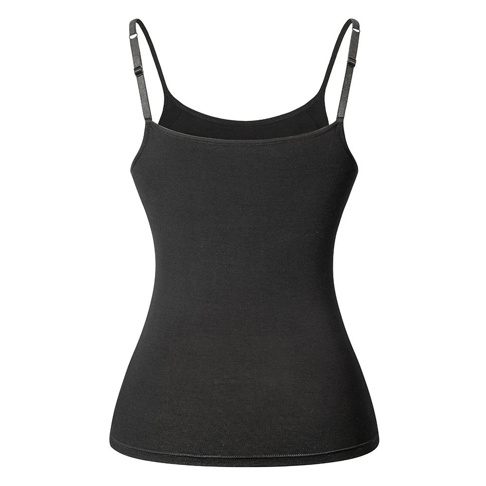 ShapeEase™ black built-in shelf bra camisole with adjustable straps, comfortable and breathable fabric.