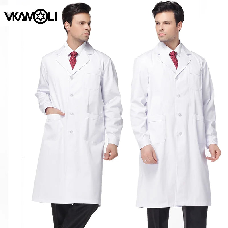 Men wearing vkamoli lab coats in white, featuring button pockets and suit collars, suitable for medical workwear.