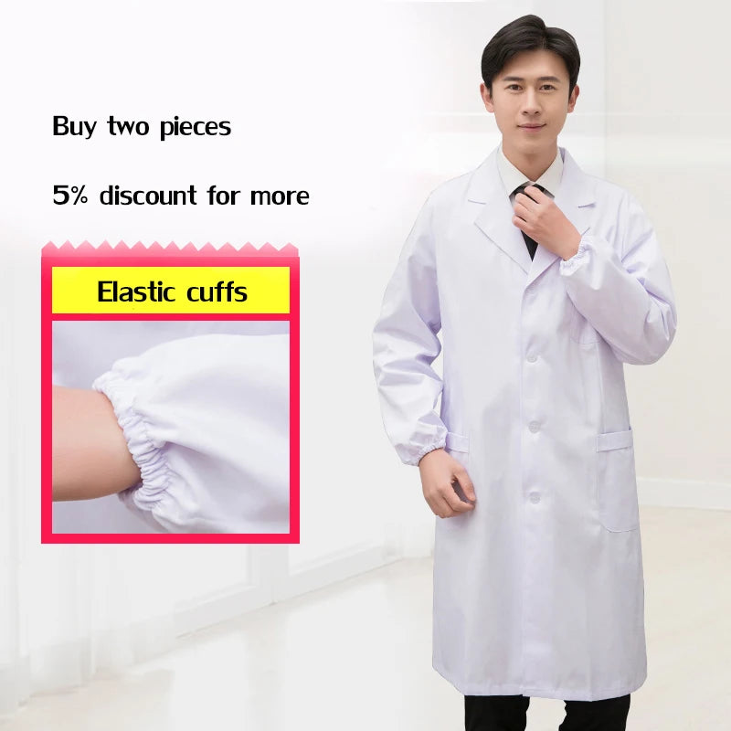 Men's lab coat with elastic cuffs, perfect for medical work, available in various sizes and styles.
