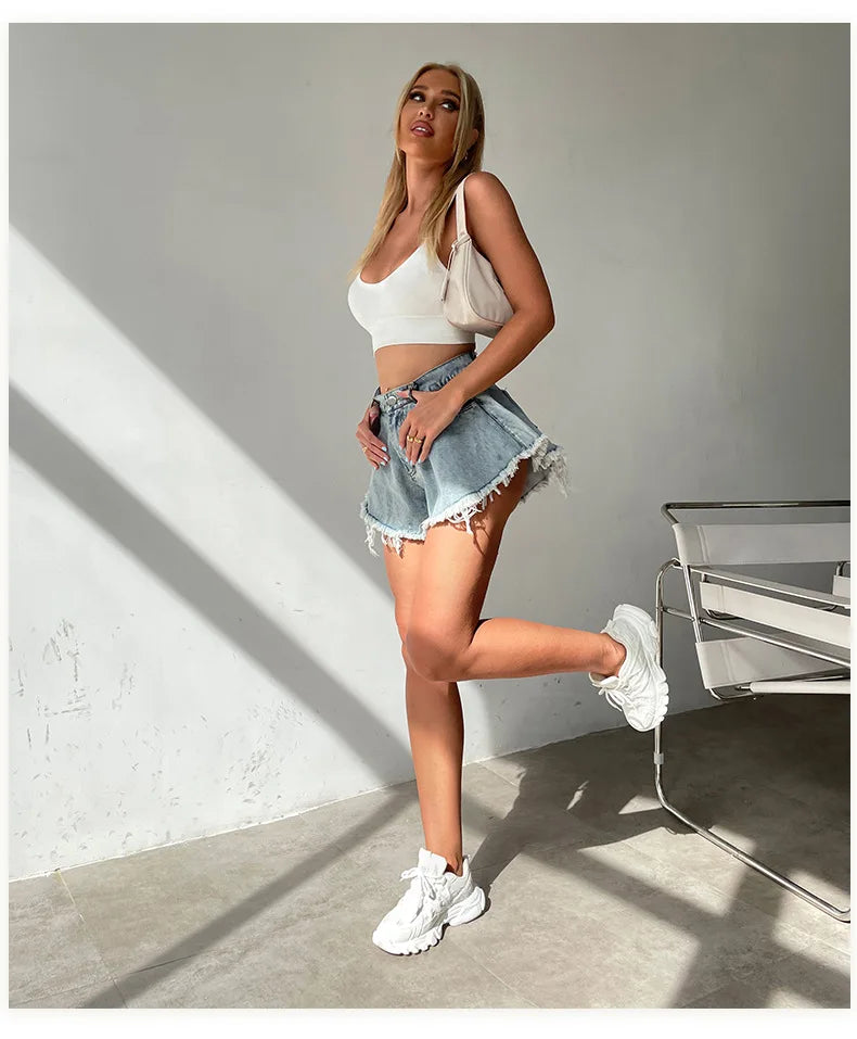 Women High Waist Loose Tassel Denim Shorts