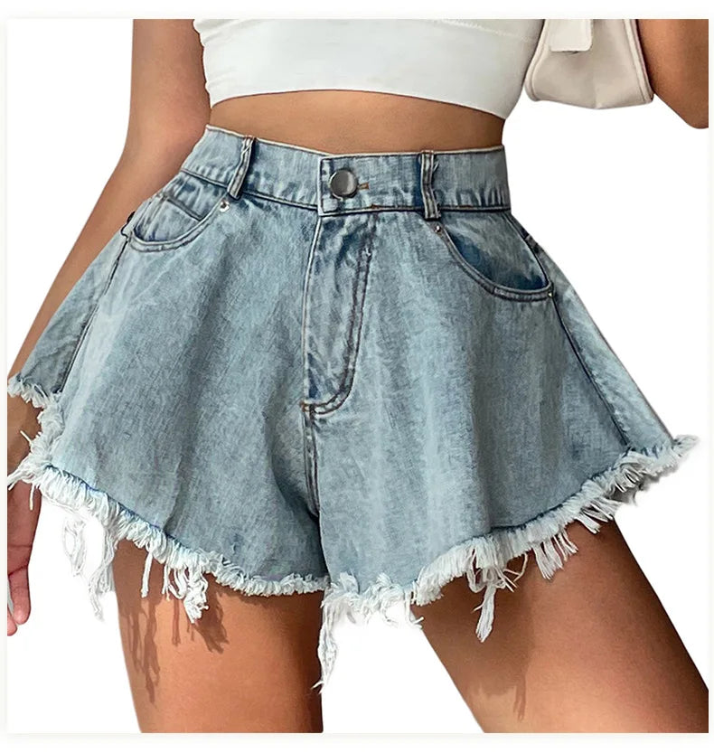 Women High Waist Loose Tassel Denim Shorts