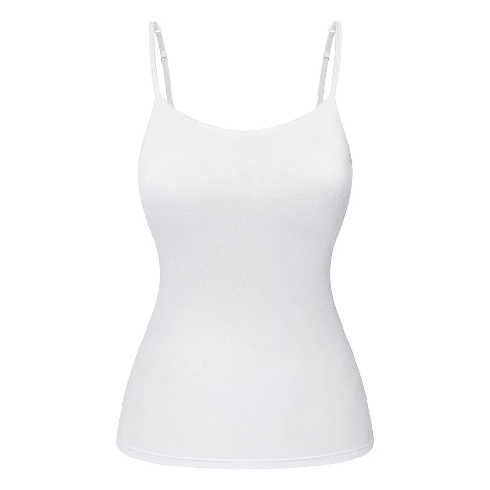ShapeEase™ white camisole top with built-in shelf bra and adjustable straps, perfect for comfort and support.