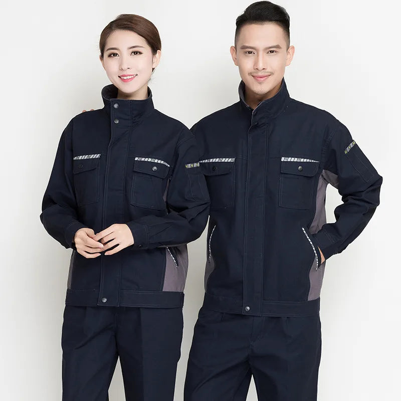 Unisex durable workshop overall set for men and women, featuring windproof fabric and multiple pockets for utility.