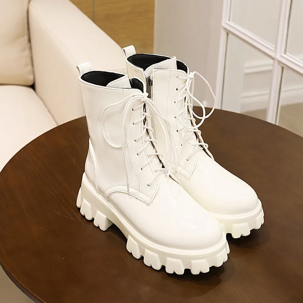 Women Patent Leather Platform Ankle Boots – High Heel Autumn Winter