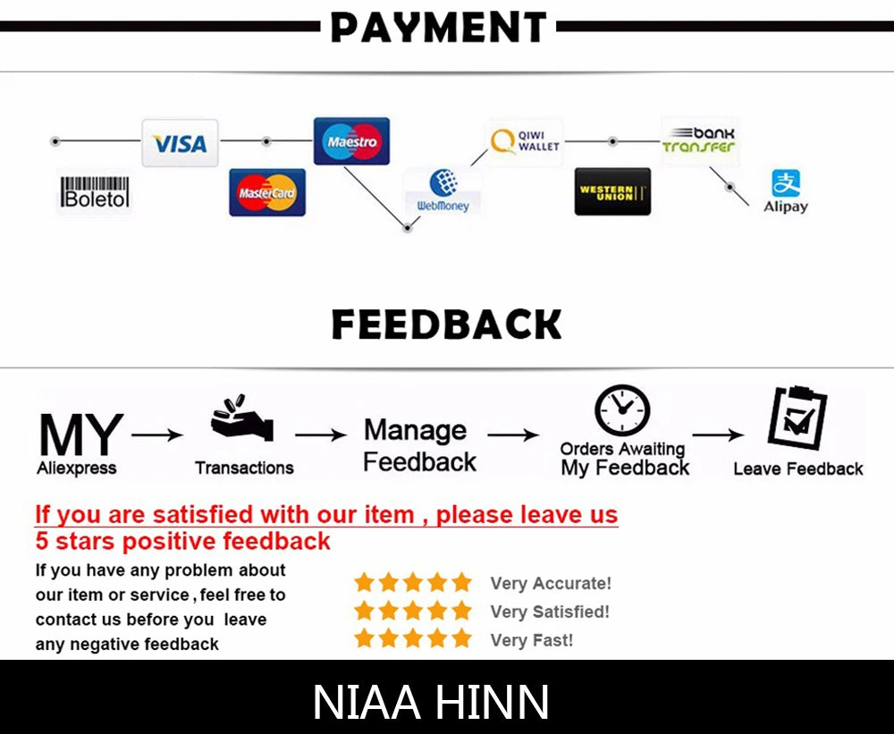 Payment methods and customer feedback instructions for Niaa Hinn, highlighting satisfaction and communication.