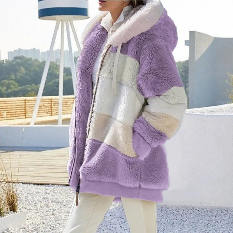 Warm Plush Patchwork Hooded Winter Coat
