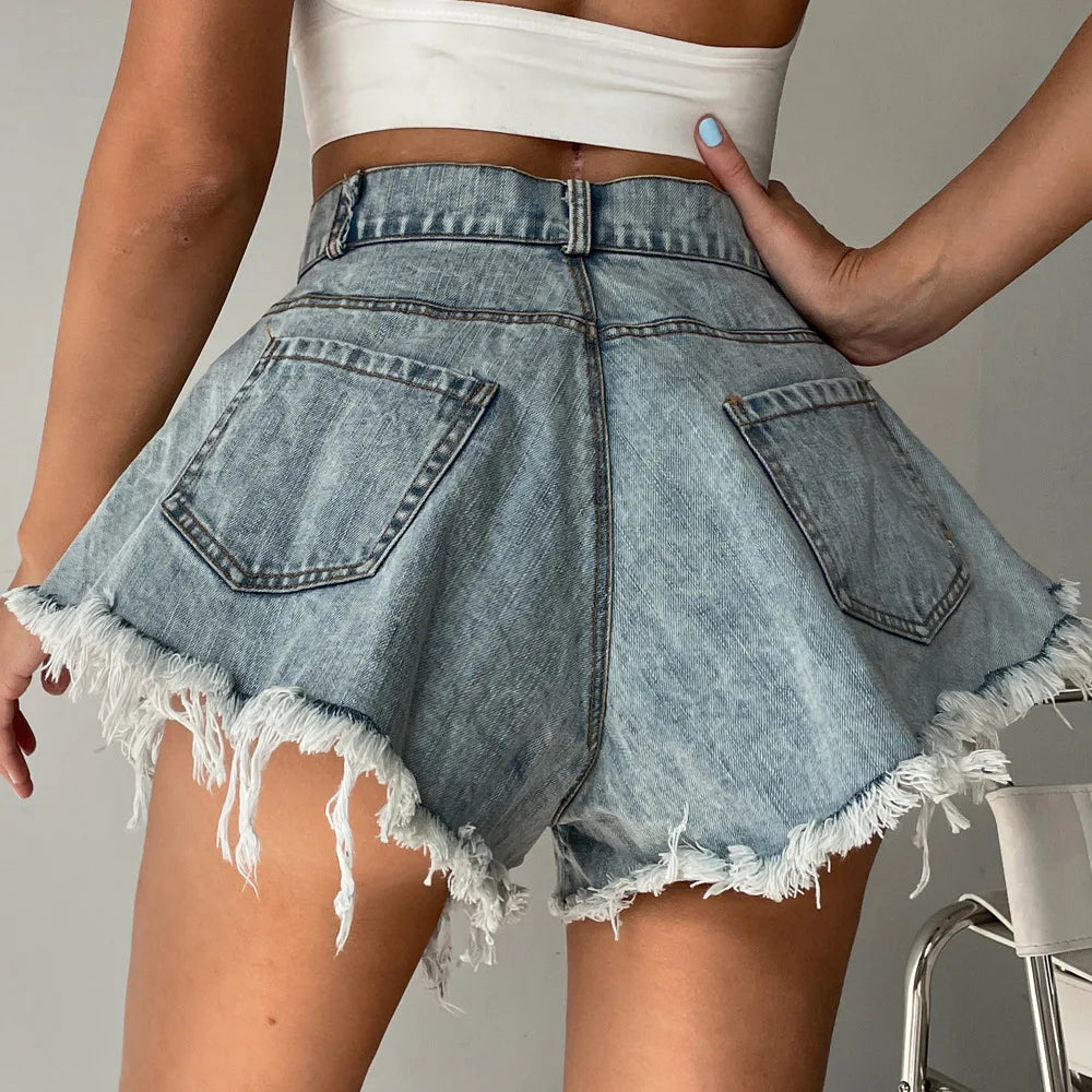 Women High Waist Loose Tassel Denim Shorts
