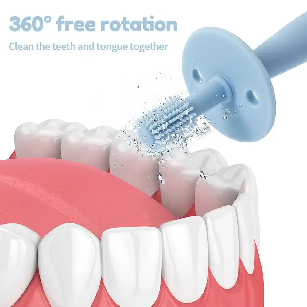 360-degree rotating toothbrush head to clean teeth and tongue effectively for babies.