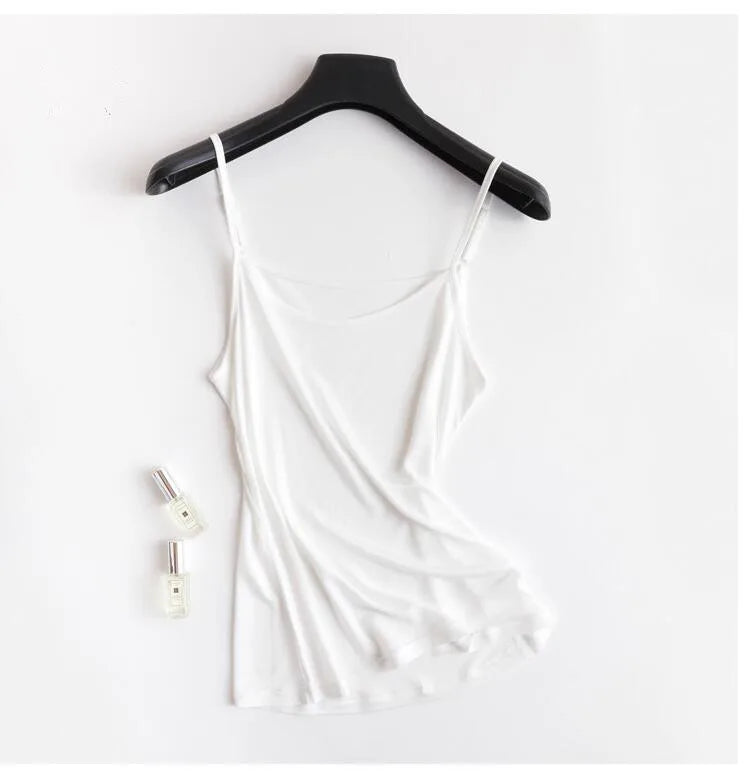 Lightweight white U-neck Mulberry silk camisole on a hanger, perfect for summer wear.