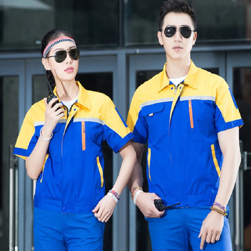 Summer unisex short-sleeve blue coveralls for men and women in workshop with sunglasses and radio.