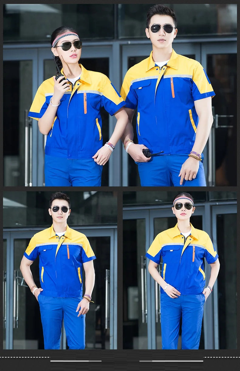 Couple wearing blue and yellow short-sleeve coveralls, showcasing breathable working uniforms for auto repair and maintenance.