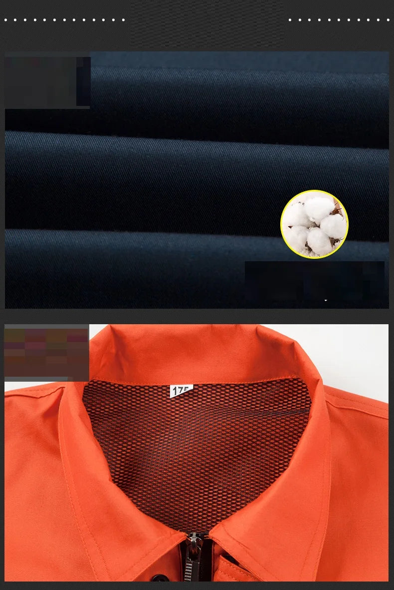 Close-up of breathable fabric and collar design of summer coveralls for men and women, highlighting cotton material.