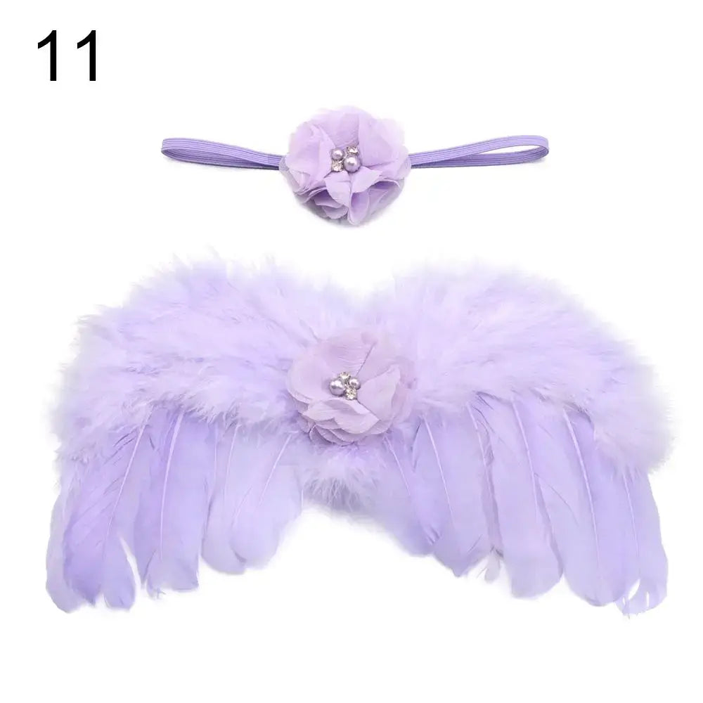 Cute lavender angel wings and matching headband with rose flower for newborn photo shoots.