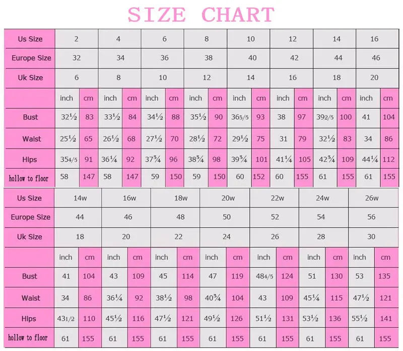 Size chart for women's dresses showing measurements in inches and centimeters for bust, waist, hips, and hollow to floor.