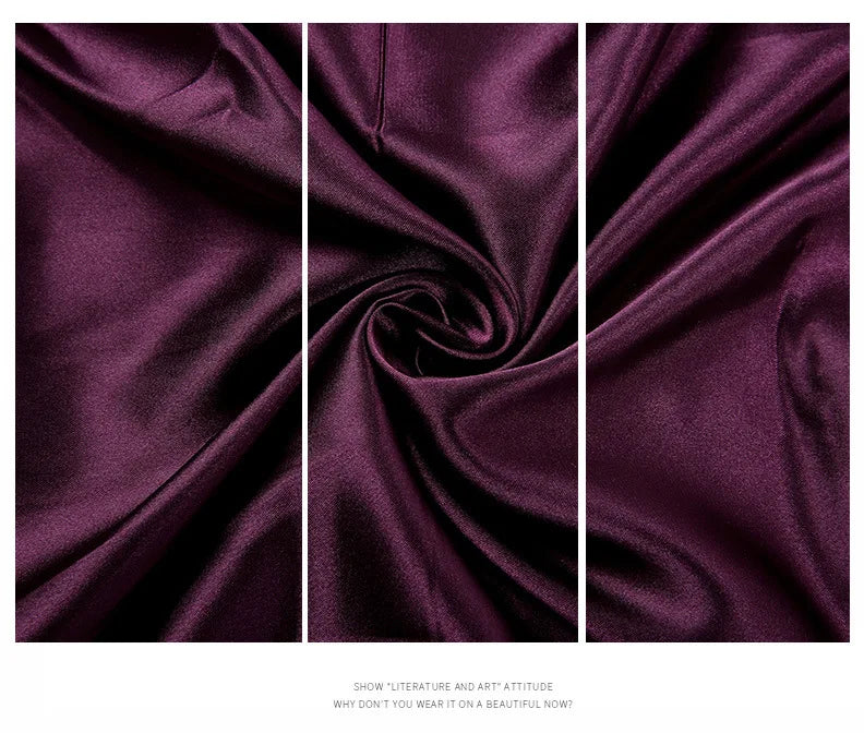 Close-up of luxurious dark purple satin fabric, showcasing smooth texture and elegant sheen.