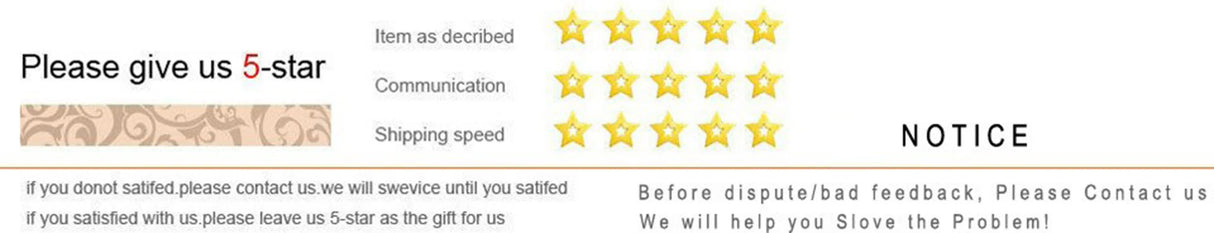 Customer feedback request graphic showing 5-star ratings for item description, communication, and shipping speed.