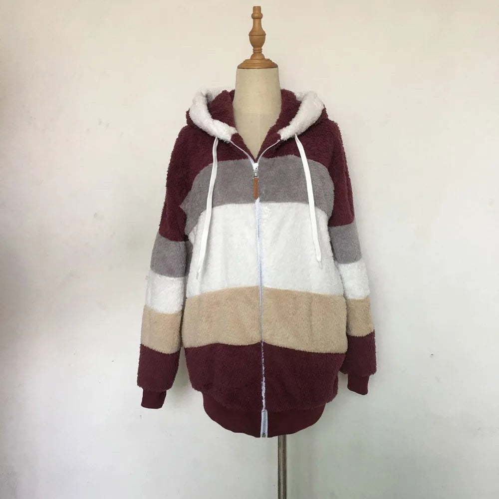 Warm Plush Patchwork Hooded Winter Coat
