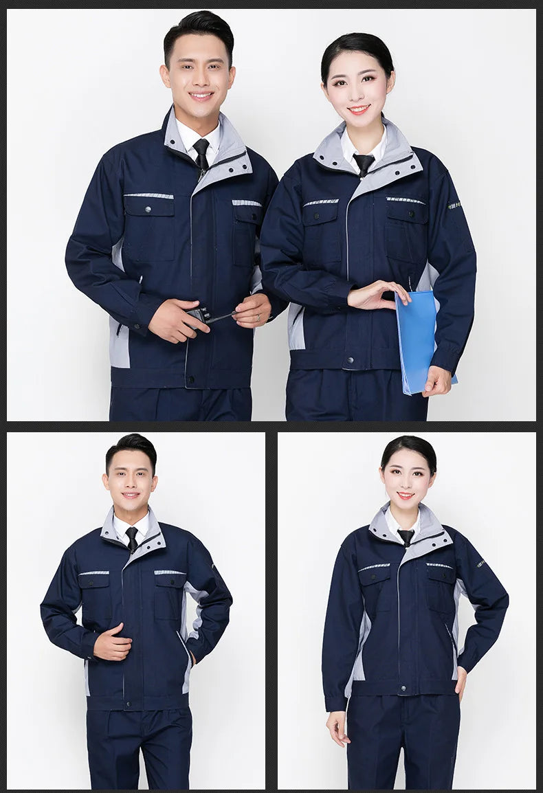 Men and women wearing durable navy work clothing sets with zippered jackets for utility and safety.