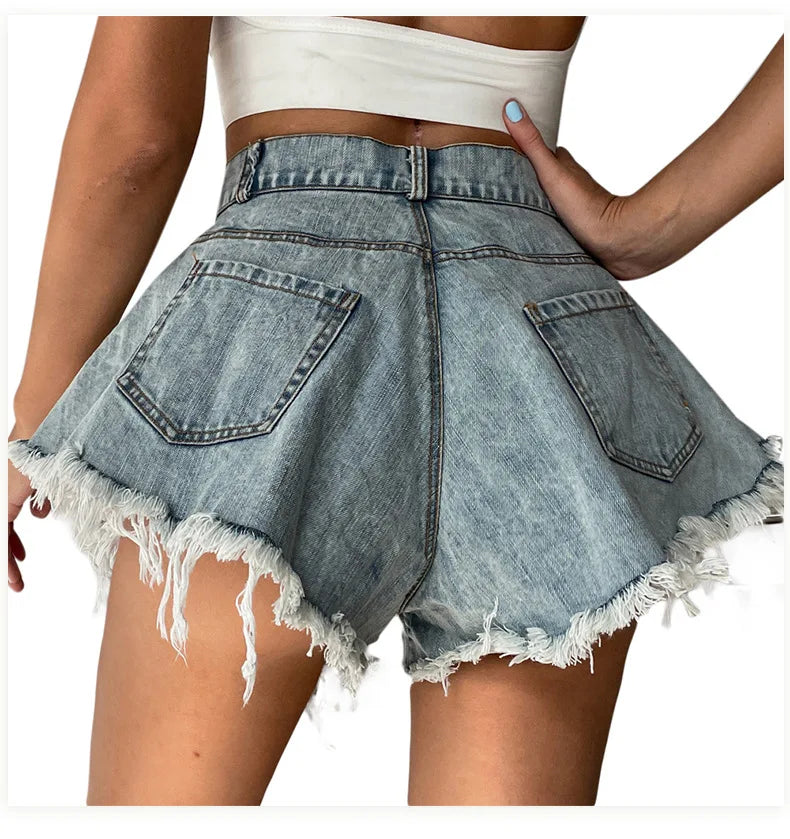 Women High Waist Loose Tassel Denim Shorts