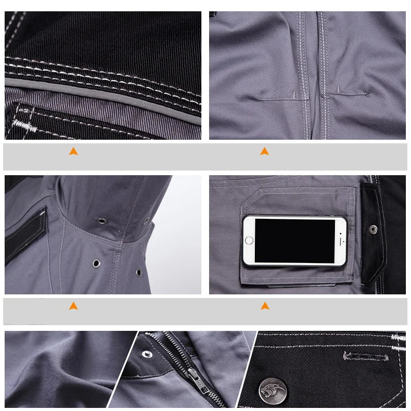Close-up details of reflective welding suit with pockets and durable stitching features.