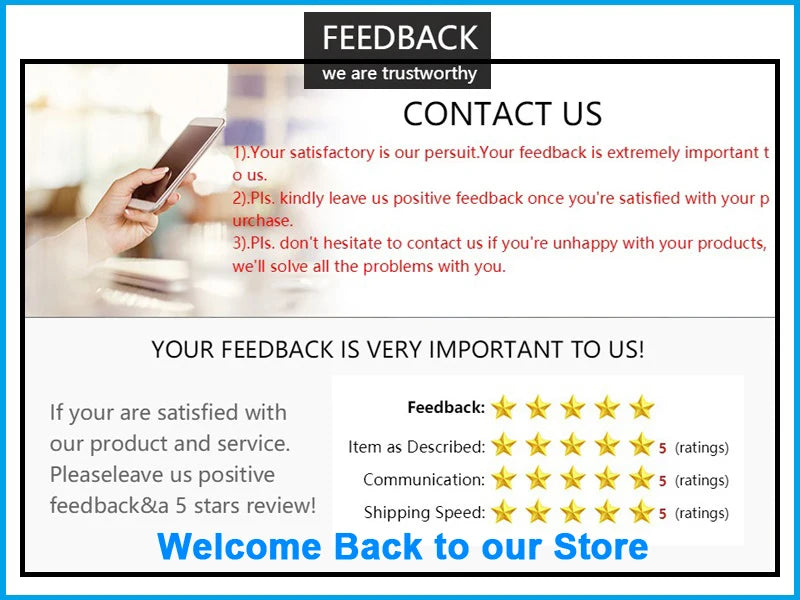 Customer feedback request graphic highlighting service satisfaction and star ratings for store improvements.