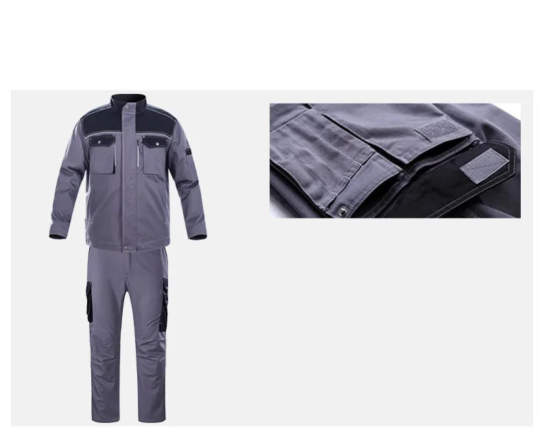 Reflective welding suit in gray, featuring wear-resistant fabric, pockets, and durable construction for safety and utility.