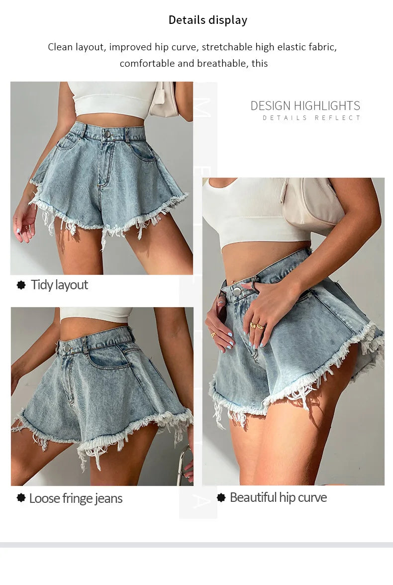 Women High Waist Loose Tassel Denim Shorts