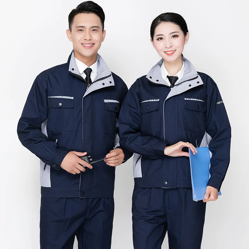 Unisex durable work clothing set for men and women, featuring navy jackets and trousers with pockets and professional design.