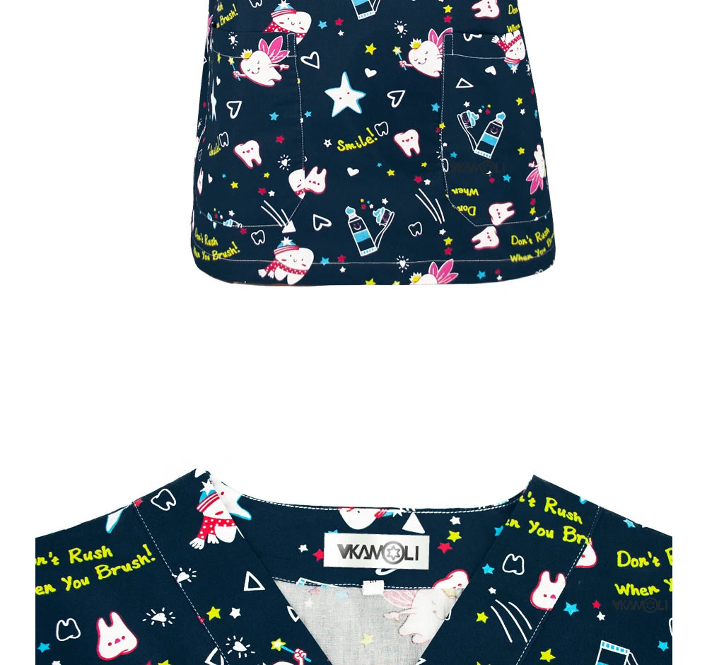 Cartoon print scrub tops for women and men, featuring a playful design with pockets and V collar, perfect for medical use.