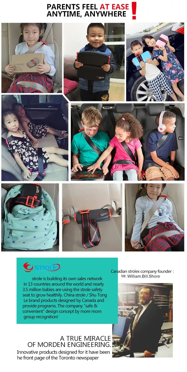 Collage of children using a portable car seat, showcasing safety and comfort for parents on the go.