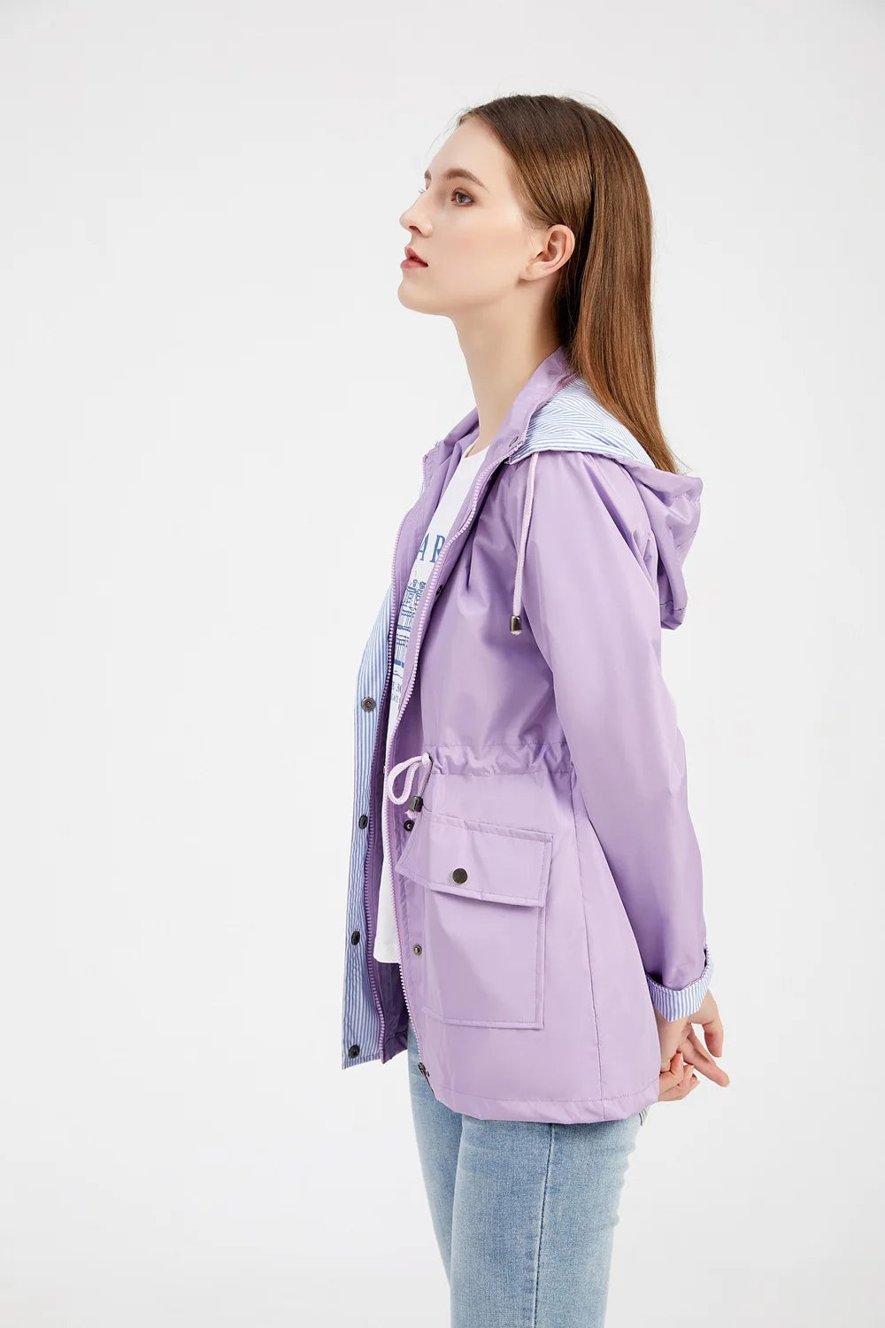 Purple Hooded Waterproof Women's Jacket – Spring Office Outerwear