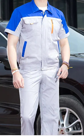 Unisex short-sleeve coveralls in grey and blue for auto repair, showcasing breathable fabric for comfort.