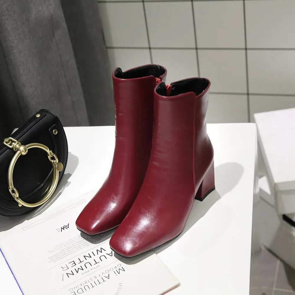 حذاء نسائي بكعب متوسط وسحاب جانبي للكاحل - أحذية شتوية كاجوال