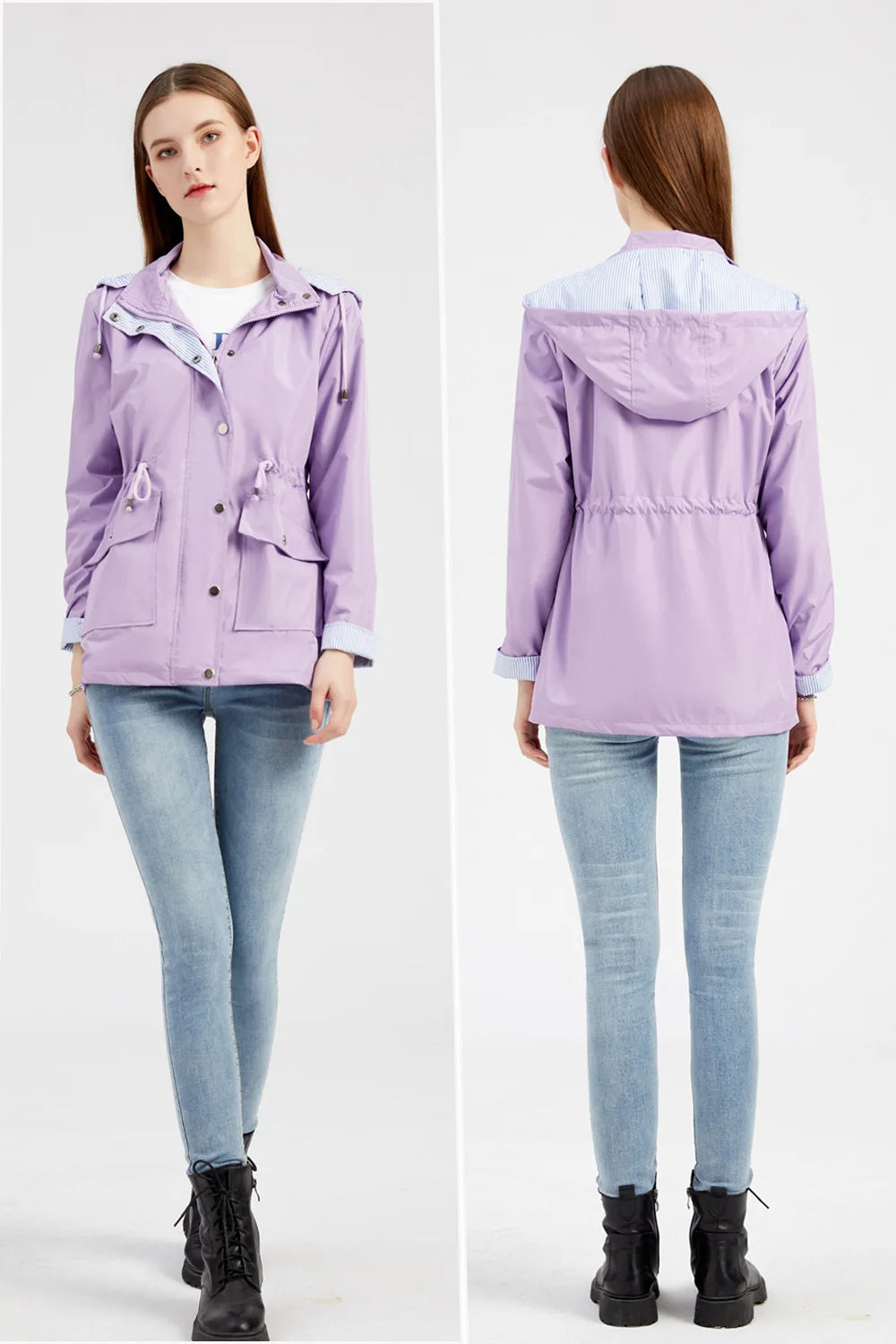Purple Hooded Waterproof Women's Jacket – Spring Office Outerwear