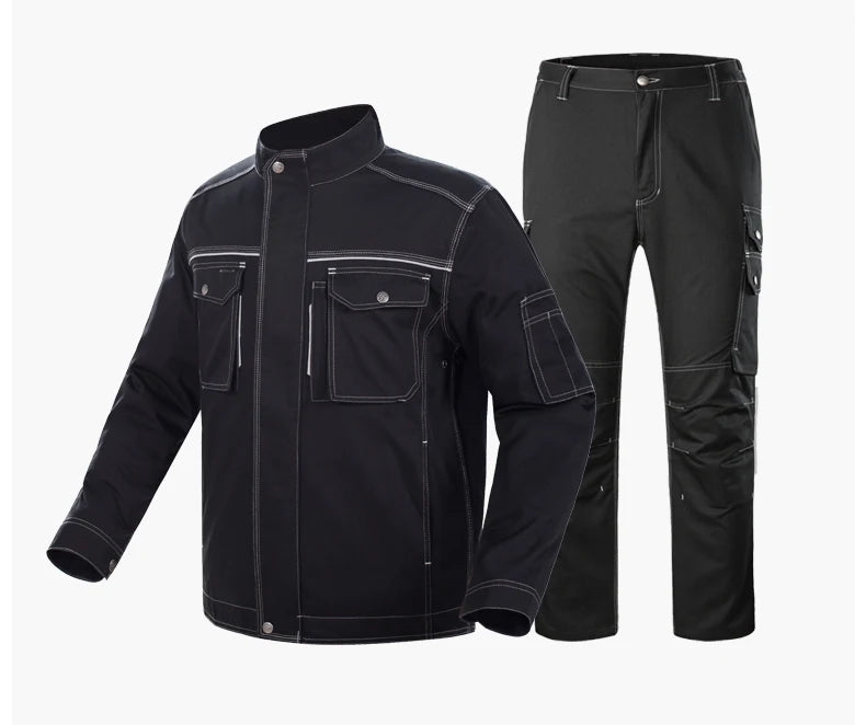 Reflective welding suit set featuring a durable jacket and pants, designed for safety and comfort in work environments.