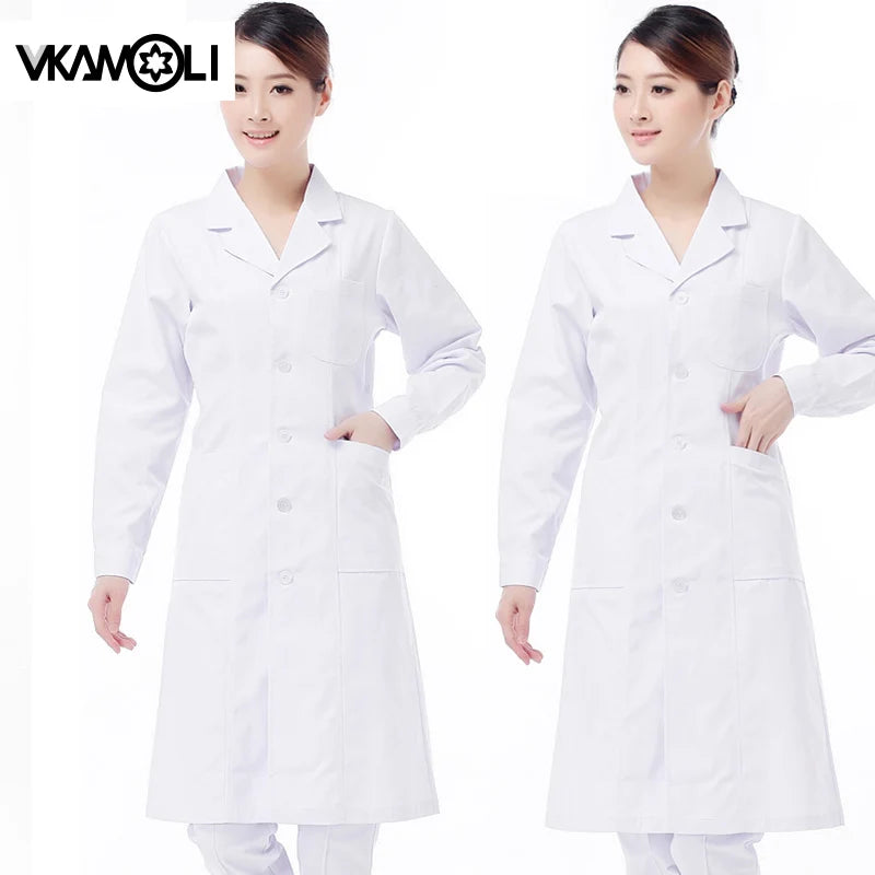 Women wearing vkamoli lab coats in white, featuring long sleeves and button pockets, suitable for medical work.